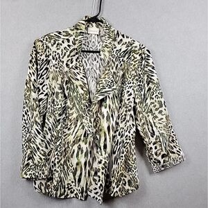 Chico's 100% Linen Animal Print Blazer - Black, White, Green SZ: L Baddie